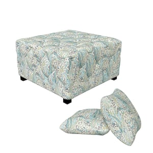 Kahului Button-Tufted in Sky Blue Paisley Square Ottoman with Matching Pillows (Set of 2)