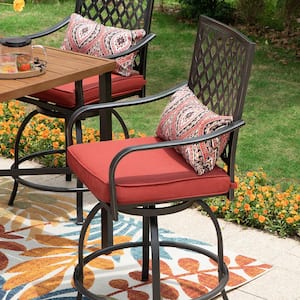 5-Piece Metal Patio Bar Height Outdoor Dining Set with Square Table and Swivel Bistro Chairs with Red Cushions