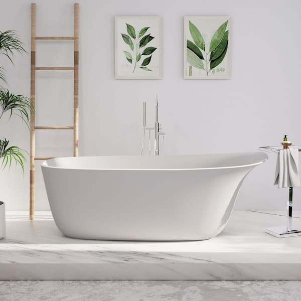 63 in. x 29.52 in. Solid Surface Stone Resin Freestanding Slipper Soaking Bathtub with Reversible Drain in Matte White