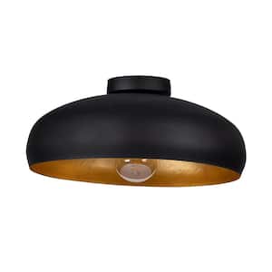 Mogano 15.75 in. W x 6.77 in. H 1-Light Black/Gold Leaf Flush Mount Ceiling Light with Metal Dome Shade