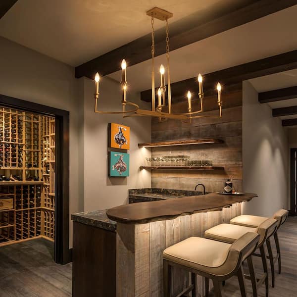 Industrial 8-Light Gold Linear Classic-Candle-Style Chandelier for Kitchen Island with No Bulbs Included