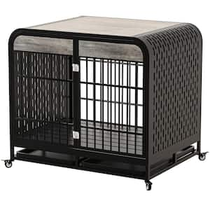 42 in. Grey bHeavy Duty Dog Crate Furniture Wooden Table Pet Dog Cage with Removable Trays and Lockable Wheel