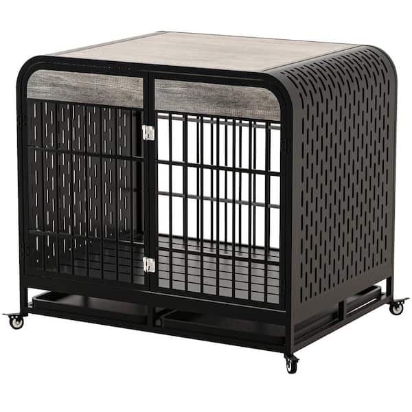 maocao hoom 42 in. Grey bHeavy Duty Dog Crate Furniture Wooden Table Pet Dog Cage with Removable Trays and Lockable Wheel