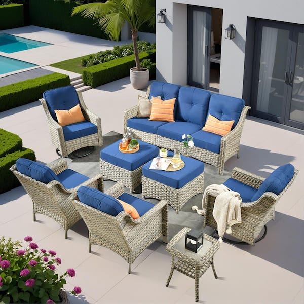 HOOOWOOO Cherry 8-Piece Wicker Outdoor Furniture Patio Conversation Sofa Seating Set with Swivel Chairs and Navy Blue Cushions
