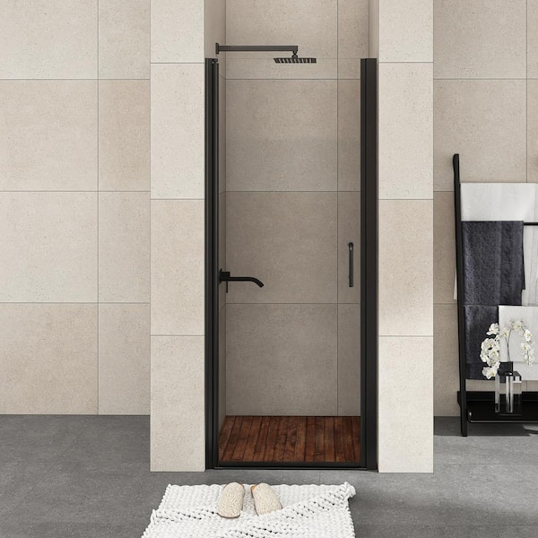 JimsMaison 32 in. W x 72 in. H Pivot Semi-Frameless Shower Door in Black Finish with Clear Glass