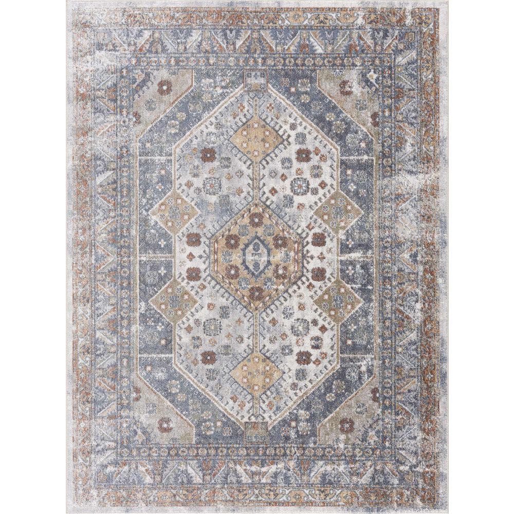 Light Blue and Beige Polyester Medallion Area Rug, 5'3" x 7'