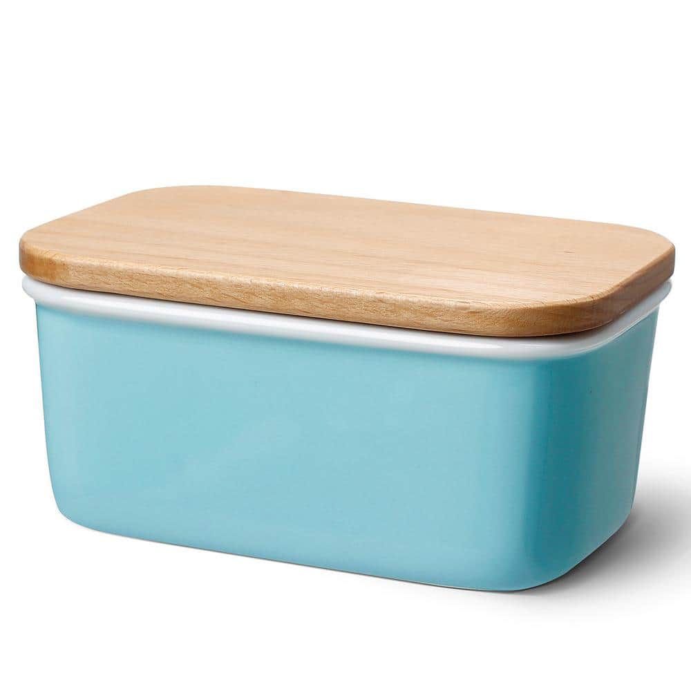 Sweese Turquoise Large Butter Dish with Beech Wooden Lid (Set of 1