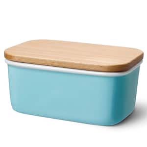Turquoise Large Butter Dish with Beech Wooden Lid (Set of 1)
