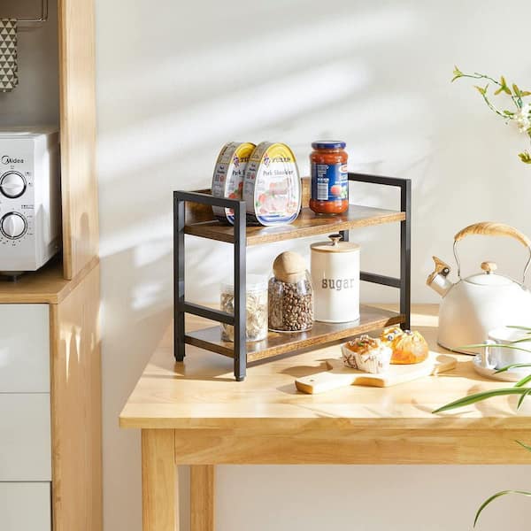 2-Tier Rustic Brown Industrial Countertop Shelf Drawer Organizer with Adjustable Feet for Kitchen Office Living Room