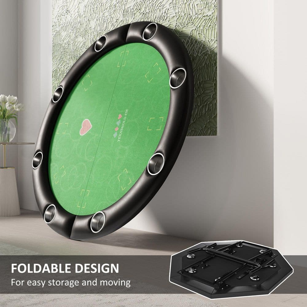 Foldable Round Black and Green Felt Poker Table for 8 Players