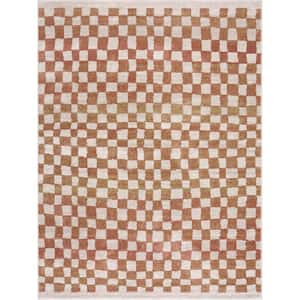 Benjy 8 ft. X 10 ft. Cream, Beige, Somon Irregular Checkboard Square Tile Contemporary Modern Distressed Area Rug