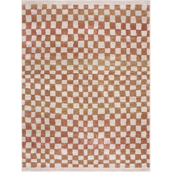 HAUTELOOM Benjy 8 ft. X 10 ft. Cream, Beige, Somon Irregular Checkboard Square Tile Contemporary Modern Distressed Area Rug