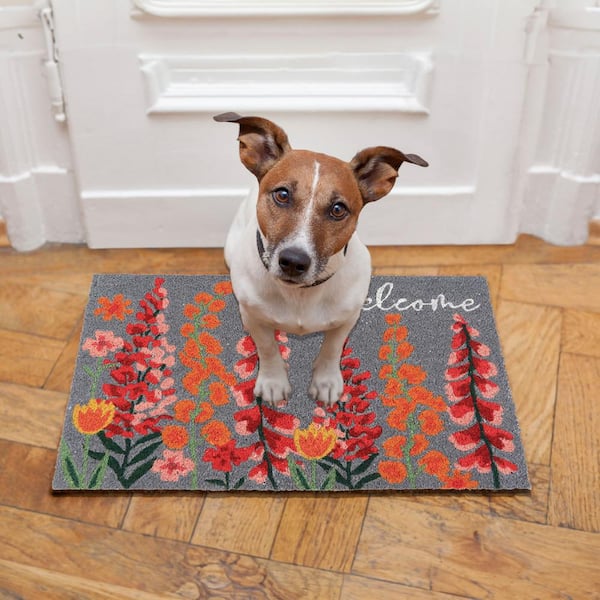 Floral Welcome Gray 18 in. x 30 in. Sheltered or Indoor Coconut Door Mat