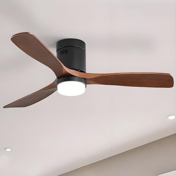 CACI Mall 52 in. Indoor Black Flush Mount Wood Ceiling Fan with Light, Adjustable White Integrated LED and Remote Included