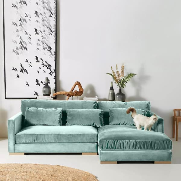 Monland Modern 104 in. Square Arm Velvet L-Shaped Oversized Deep-Seated Convertible Chaise Sectional Sofa in. Light Blue
