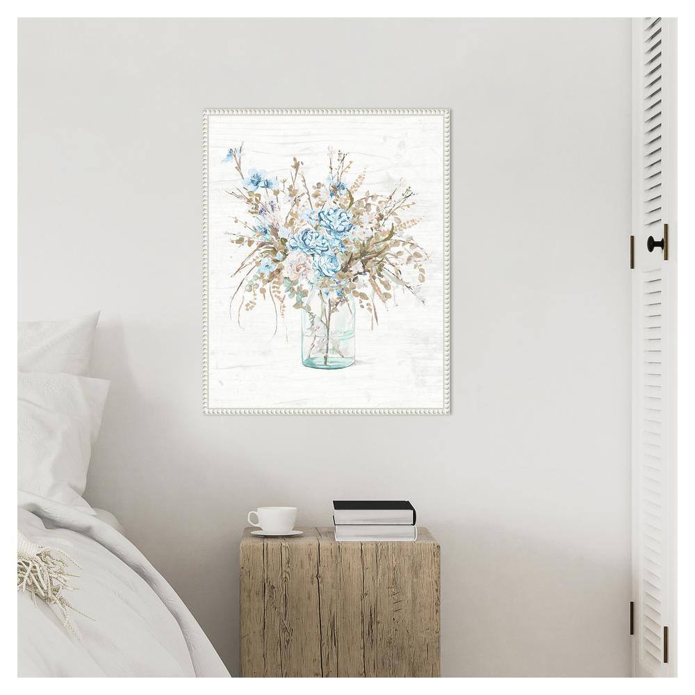 Blue Flowers in Glass Vase Canvas Wall Art with White Frame