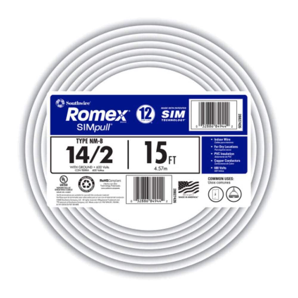 Southwire 15 ft. 14/2 Solid Romex SIMpull CU NM-B W/G Wire
