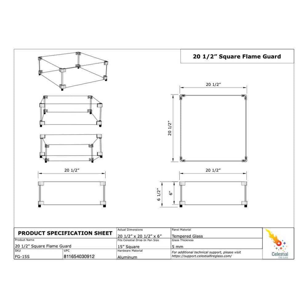 Clear Tempered Glass Square Fire Pit Wind Guard