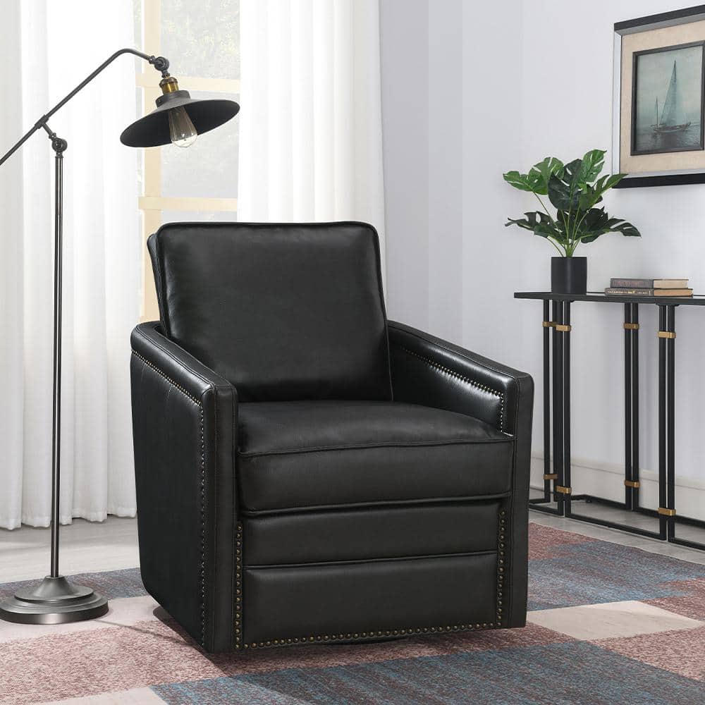 Rocha Black Leather Swivel Accent Chair with Wood Frame