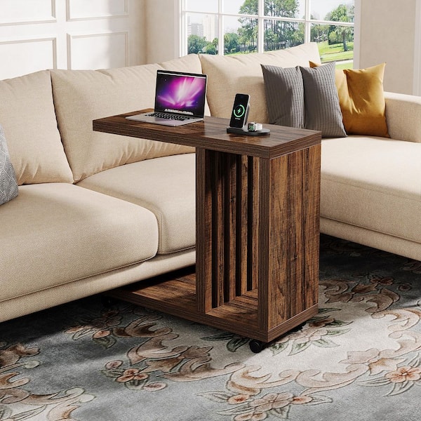 Kerlin 23.6 in. Rustic Brown Rectangle Wood End Table, C Table with Lockable Wheels