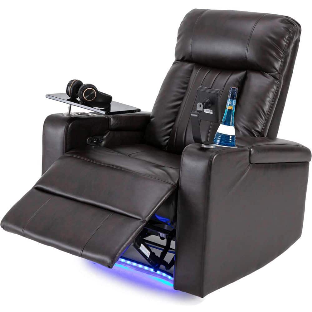 Three-quarter view of brown leather recliner with power base and storage.