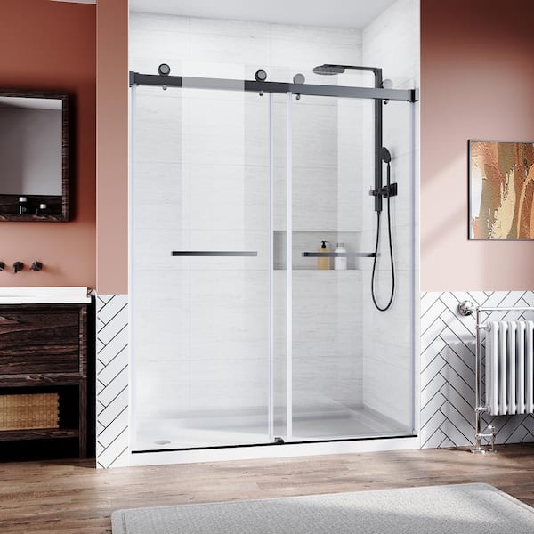 grossag 60 in. W x 76 in. H Sliding Frameless Shower Door in Matte Black Finish with 3/8 in. Clear Glass and Stainless Steel