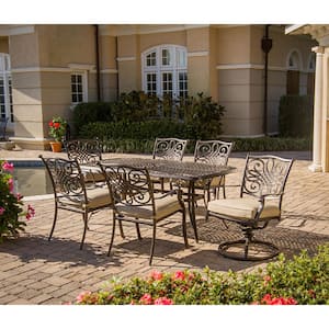 7-Piece Aluminum Rectangular Outdoor Dining Set with 2 Swivel Chairs, Protective Cover and Natural Oat Cushions included