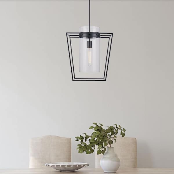 Bel Air Lighting 15-in. 1-Light Black Hanging Kitchen Pendant Light with Clear Glass Cylinder Shade