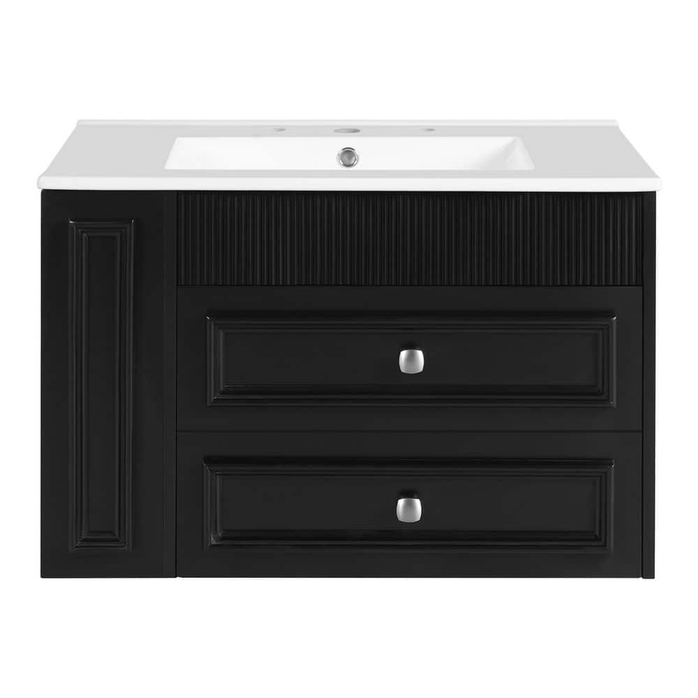 30 in. Black Wood Rectangle Vessel Sink Bathroom Vanity Combo with 2 Drawers, 3 Holes price history on PriceWatchPro