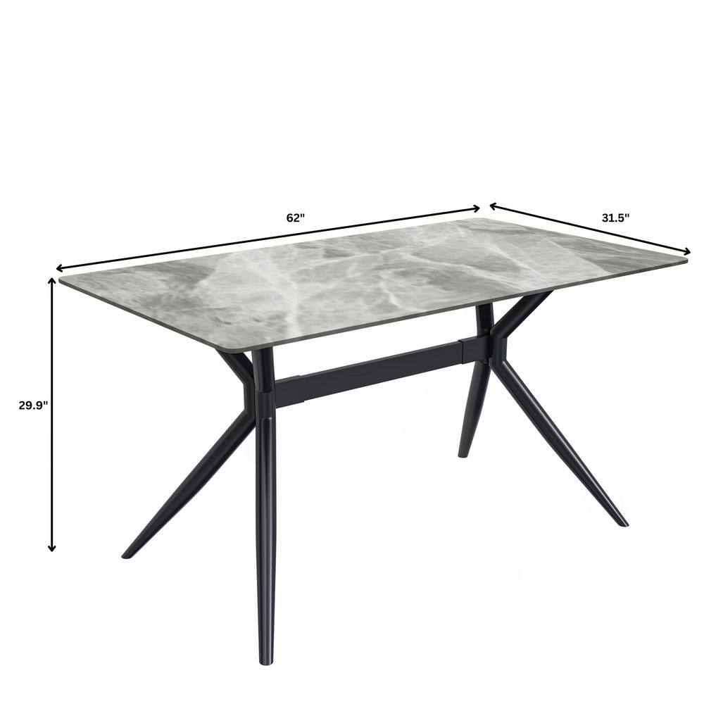 Modern Light Grey Glass Dining Table with Black Steel Base, 62"