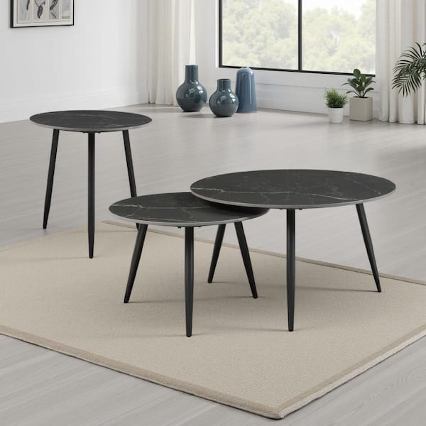 Lyra 31.5 in. Black Round Stone Occasional Coffee Table with Side Table and End Table