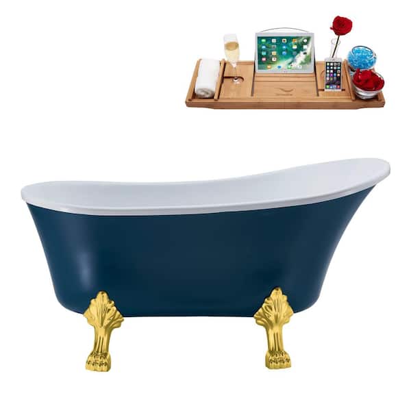Streamline 55 in. Acrylic Clawfoot Non-Whirlpool Bathtub in Matte Light Blue With Polished Gold Clawfeet And Polished Gold Drain
