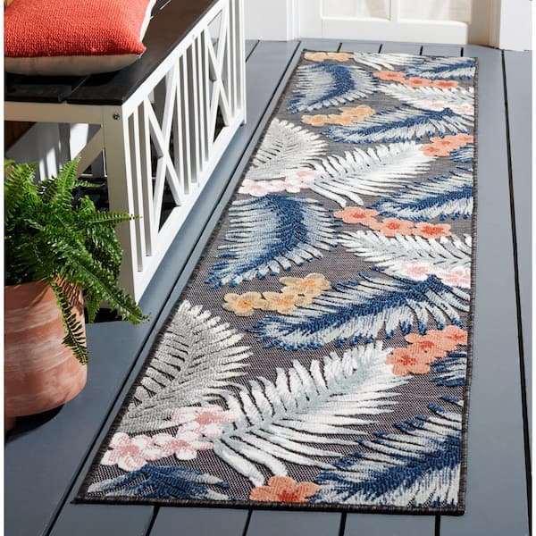 Cabana Black/Rust 2 ft. x 9 ft. High-Low Botanical Floral Indoor/Outdoor Runner Rug