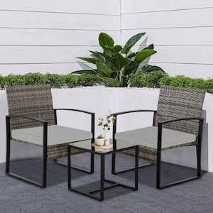 3-Piece Gray Wicker Patio Conversation Set with Gray Cushions and Side Table