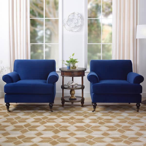 Jennifer Taylor Alana 38 in. Rolled Arm Lawson French Country Velvet Large Living Room Accent Arm Chair with Metal Casters in Navy Blue