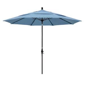 11 ft. Bronze Aluminum Market Patio Umbrella with Fiberglass Ribs Collar Tilt Crank Lift in Air Blue Sunbrella
