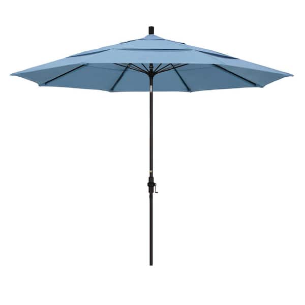 California Umbrella 11 ft. Bronze Aluminum Market Patio Umbrella with Fiberglass Ribs Collar Tilt Crank Lift in Air Blue Sunbrella