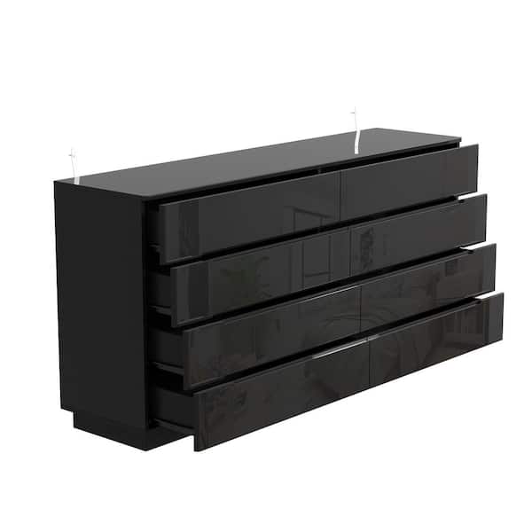 FUFU GAGA Black 8 Drawer 63 in. W Wood Double Dresser Chest of Drawers Bedroom Storage Organizer in With High Gloss and LED Lights KF020326 02 The Home Depot