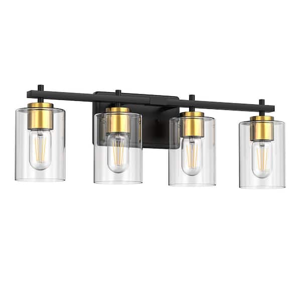 Briignite 32 in. 4-Light Black and Gold Vanity Light with Cylinder ...