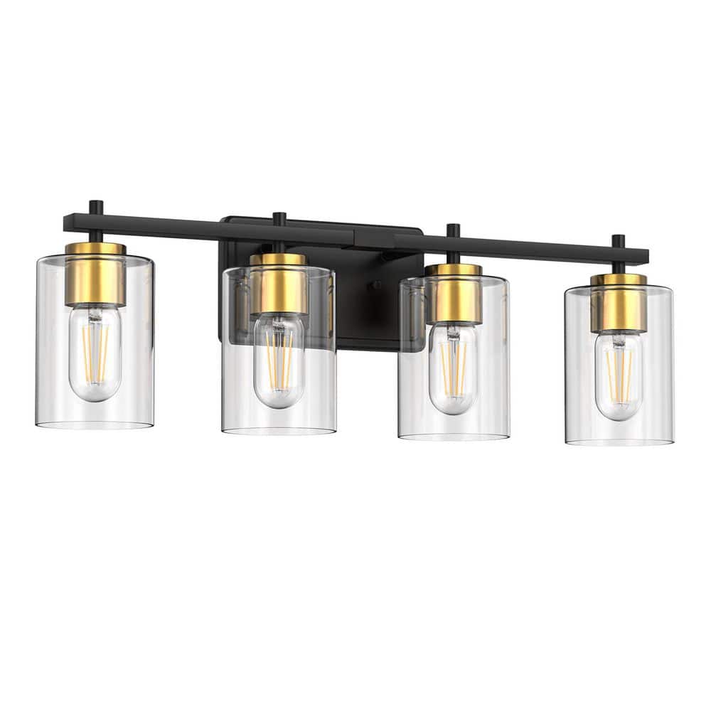 32 in. 4-Light Black and Gold Vanity Light for Bathrooms Powder Rooms or Dressing Rooms with Cylinder Clear Glass Shade price history on PriceWatchPro
