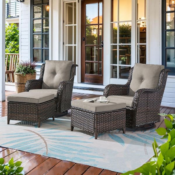 Opohoro ArcoBay 4-Piece Brown Wicker Outdoor Rocking Chair Patio Swivel Chairs with Gray Cushions and Ottomans
