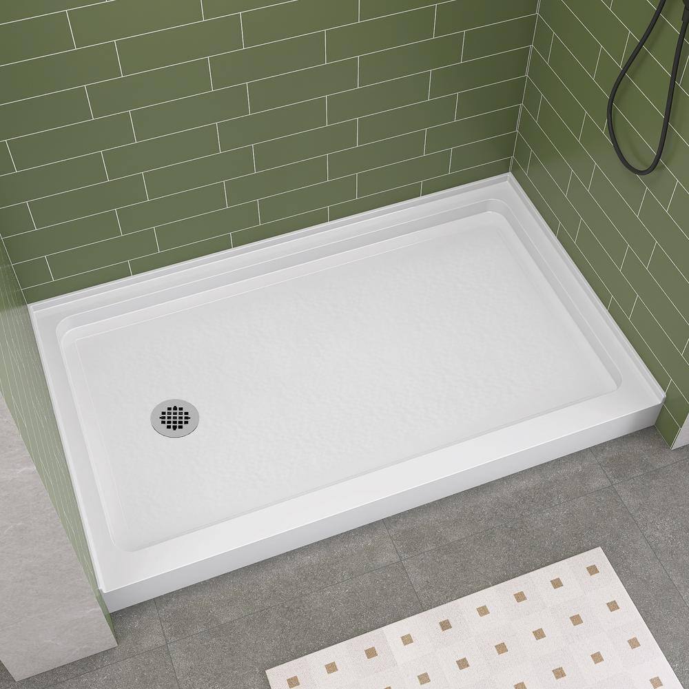 Glossy White Rectangular Acrylic Alcove Shower Base with Left Drain