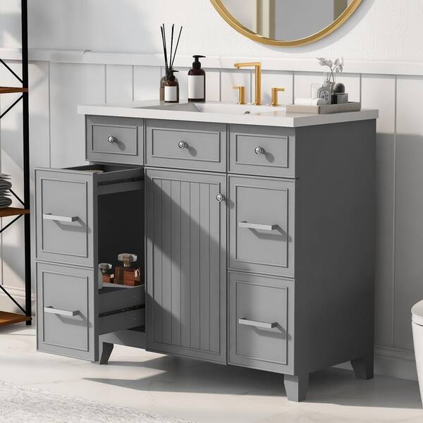 Polibi 36 Modern Bathroom Vanity with USB Charging, Two Doors and Three  Drawers Bathroom Storage Vanity Cabinet, Small Bathroom Vanity Cabinet with