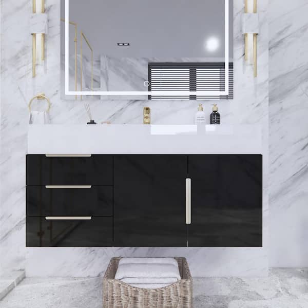 Bethany 42 in. W x 20 in. D x 22 in. H Single Sink Floating Bath Vanity in Gloss Black with White Acrylic Top