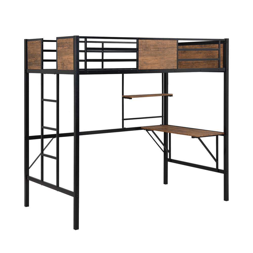 aisword Black Twin Loft Bed with Storage Shelves, Pine Wooden Loft Bed