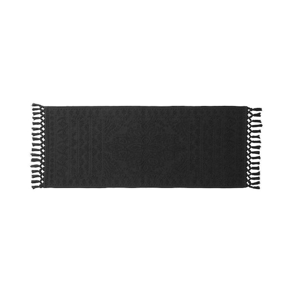 Nellore Black 24 in. x 64 in. Fringe Solid Color Cotton Rectangle Bath Rug