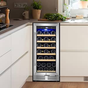 15 in. Built-In Single Zone 30-Bottle Wine Cooler in Silver with Child Safety Lock and Blue LED Interior Lighting