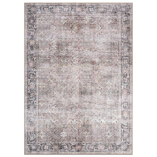 World Rug Gallery Amber Olive 3 ft. 3 in. x 5 ft. Vintage Distressed Machine Washable Non Slip Area Rug