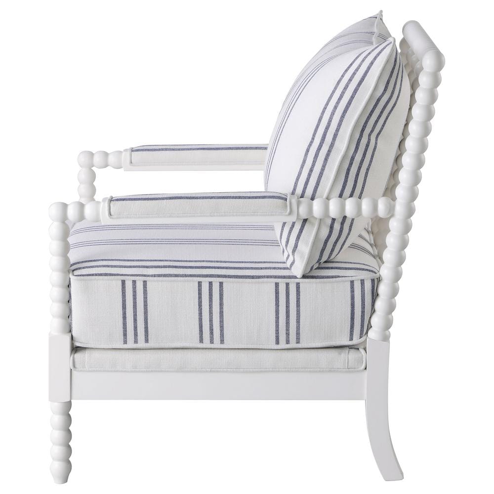 White Linen Barrel Accent Chair with Spindle Wood Frame