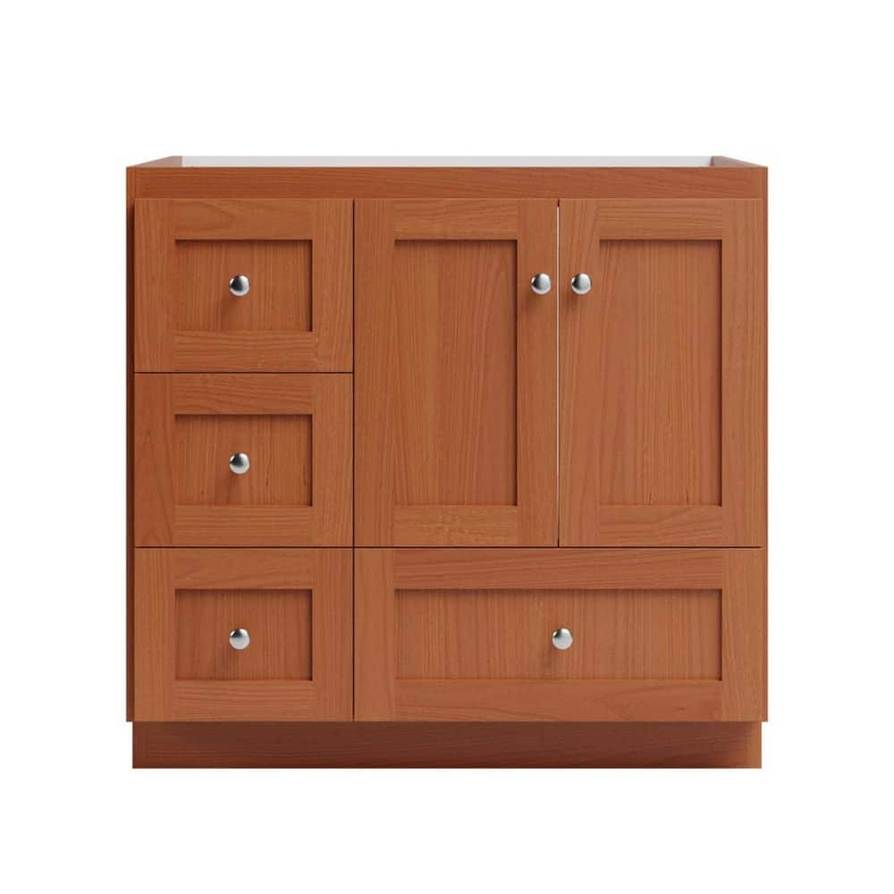 Shaker 36 in. W x 21 in. D x 34.5 in. H Bath Vanity Cabinet without Top in Medium Alder